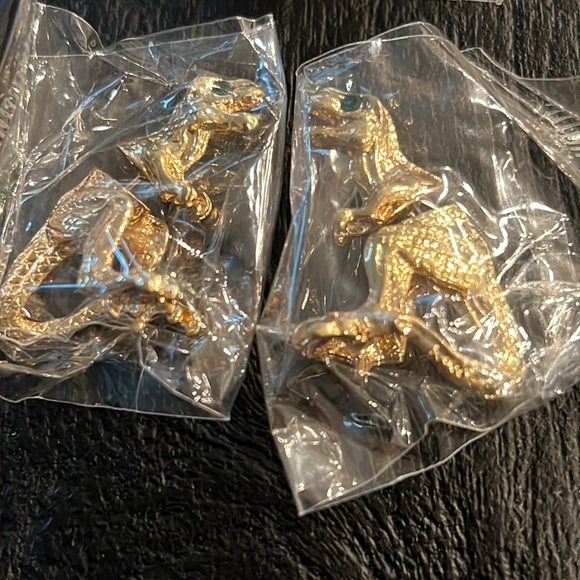 Gold T-Rex Earrings w/Faux Emerald Eyes - New - Picture 3 of 6